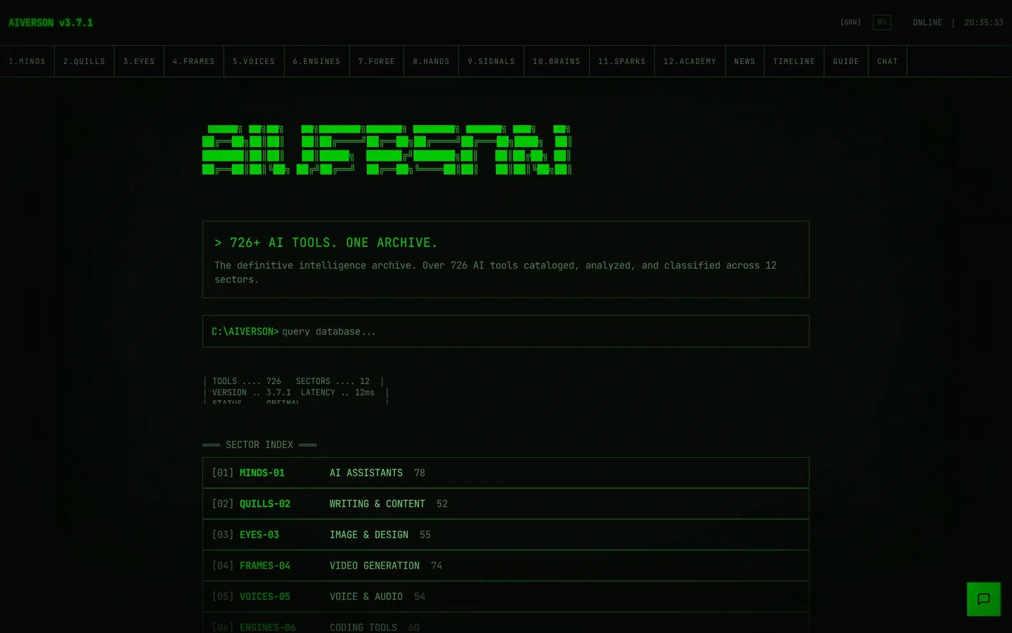 Aiverson. A terminal-grade archive of 726+ AI tools, classified across 12 sectors.