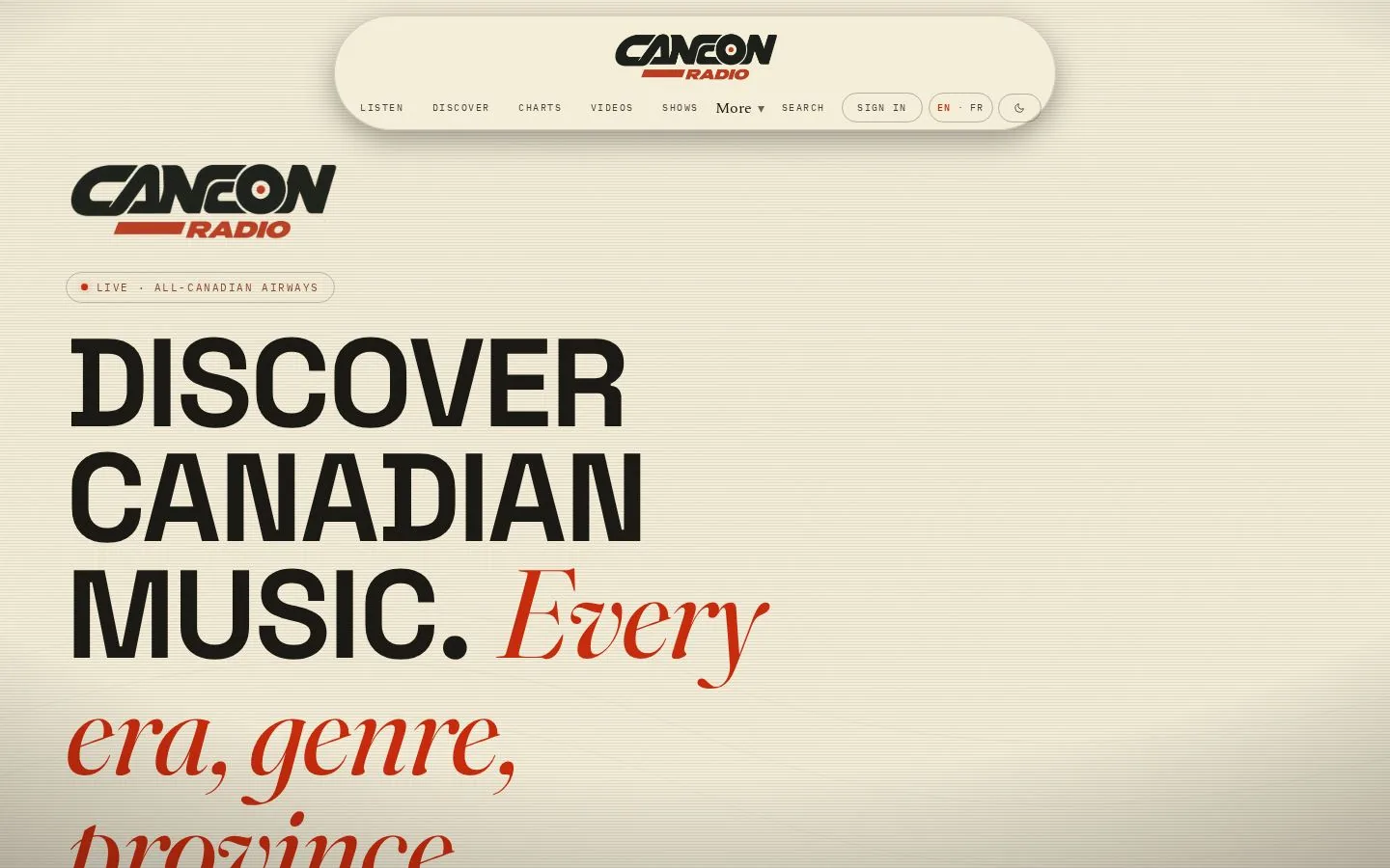 CanCon Radio. Every Canadian artist, every chart, every credit. A national music discovery platform.