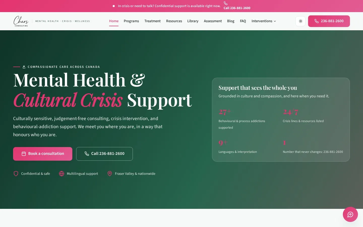 Chars Consulting. Mental health & cultural crisis support consulting services platform.