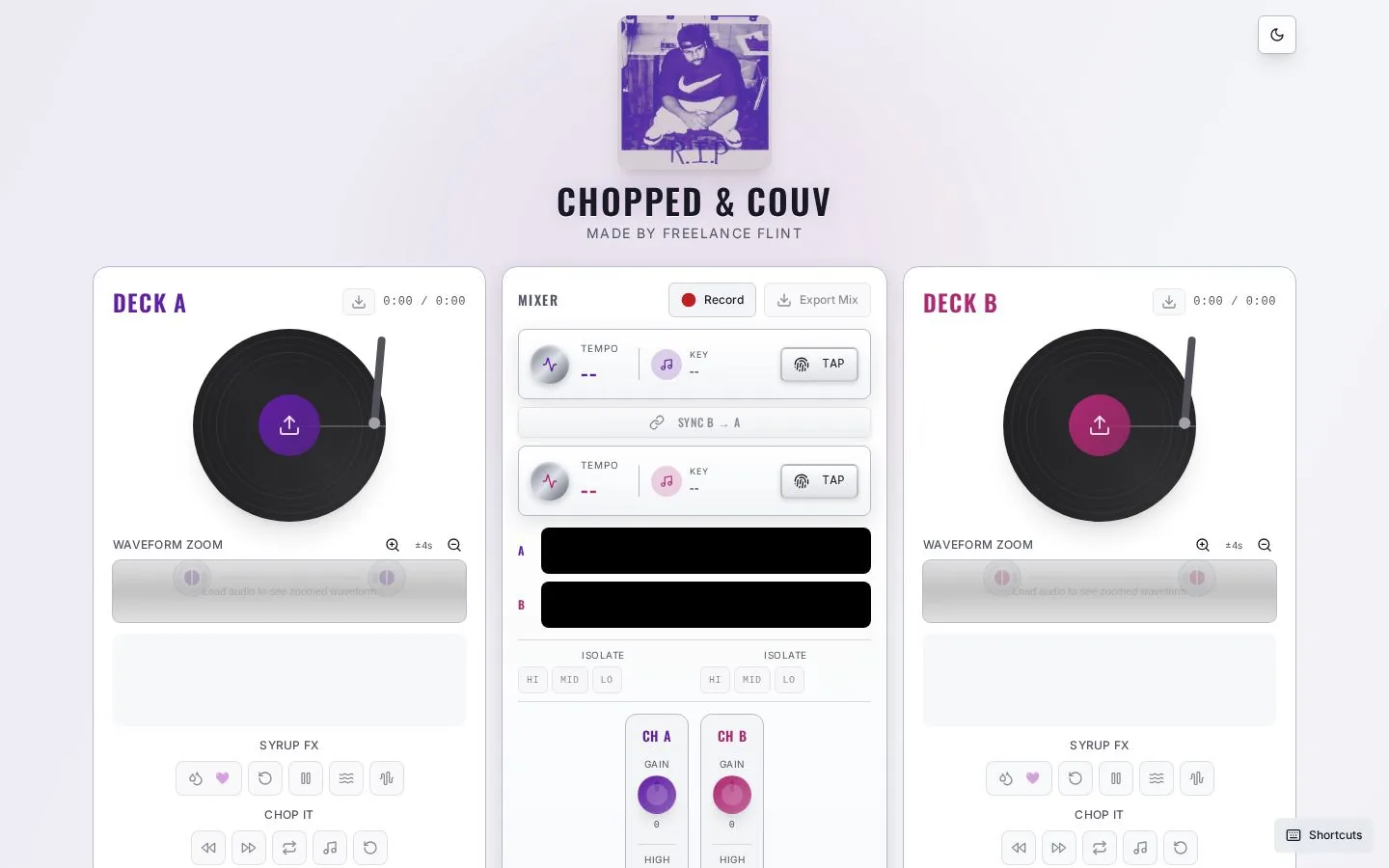 Chopped & Couv. Web-based interactive DJ mixer app with chopped & screwed audio effects.