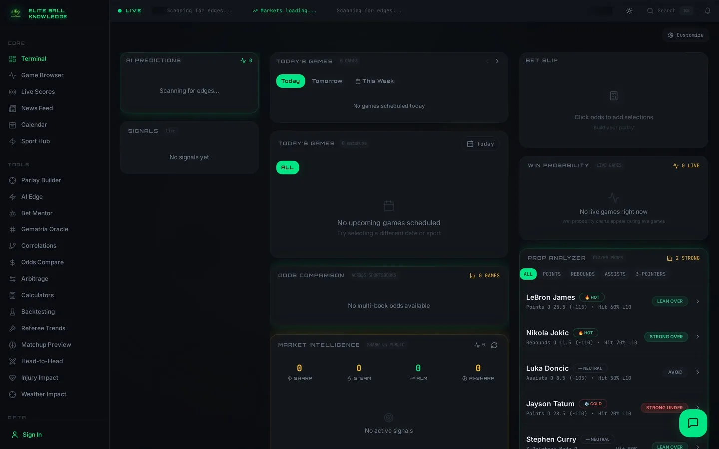 Elite Ball Knowledge. An AI-powered sports intelligence terminal for predictions, props and odds.