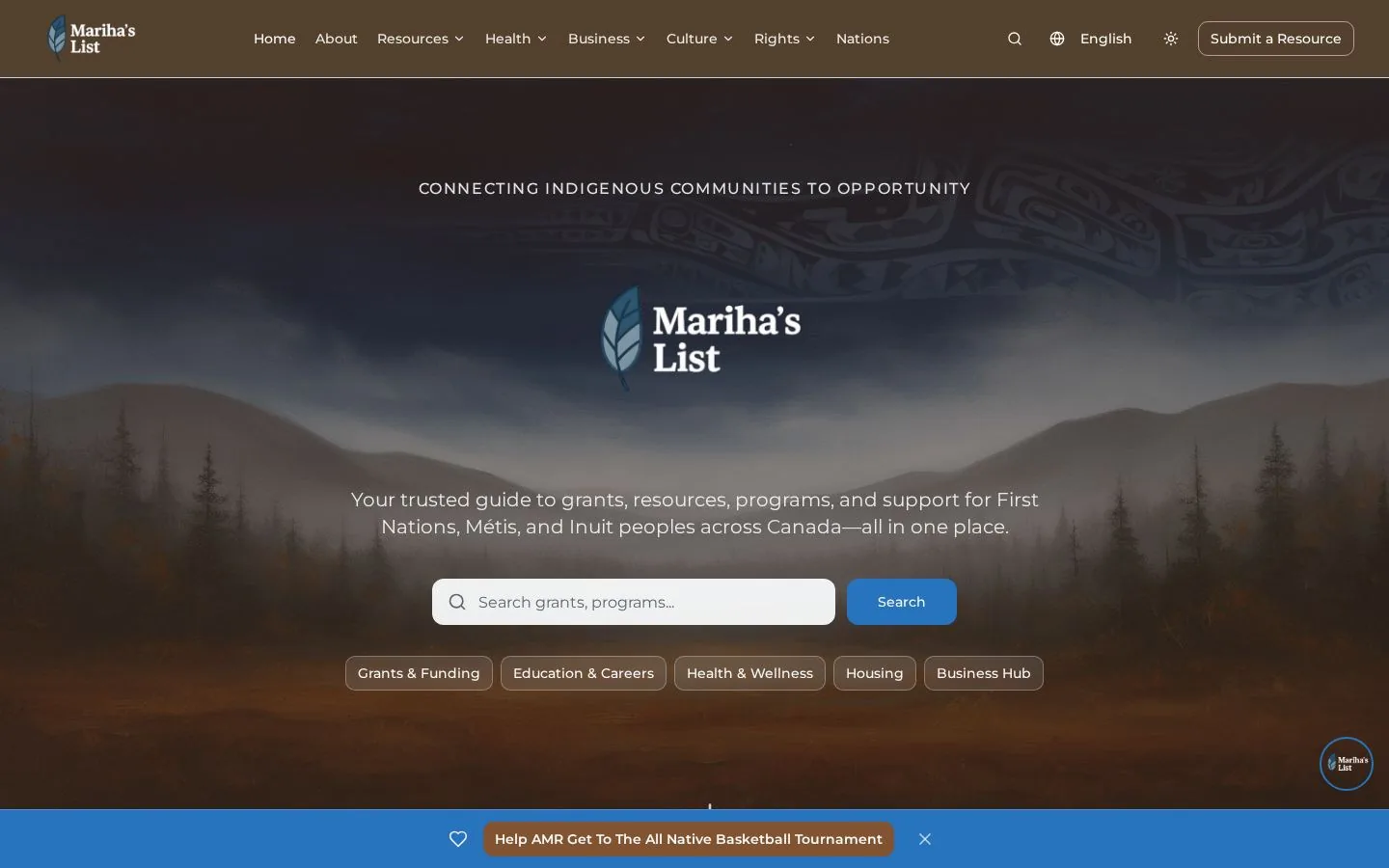 Mariha's List. Indigenous resources, grants & support directory for First Nations, Métis & Inuit across Canada.