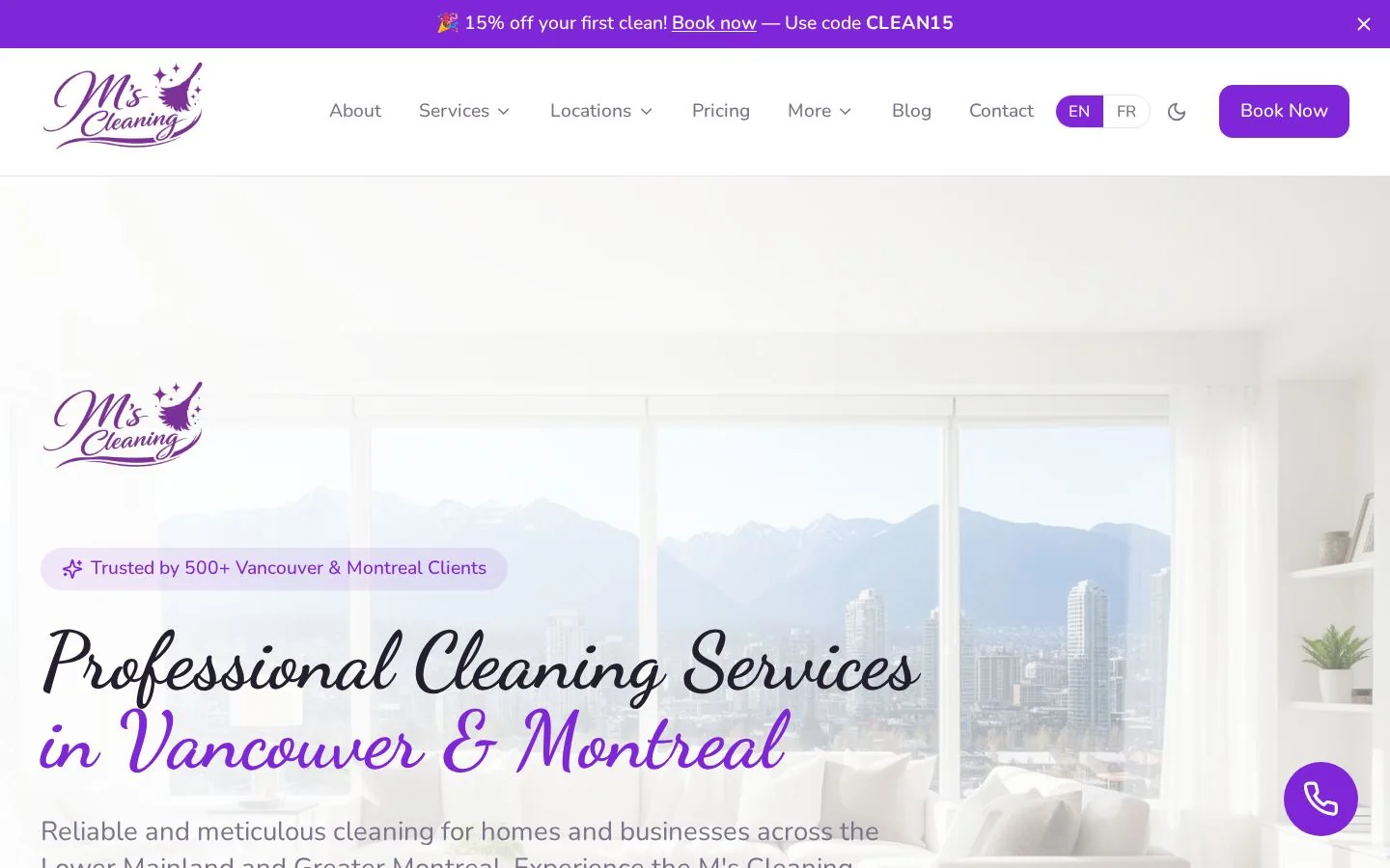 MCleaning. Professional cleaning services in Vancouver & Montreal with online booking.